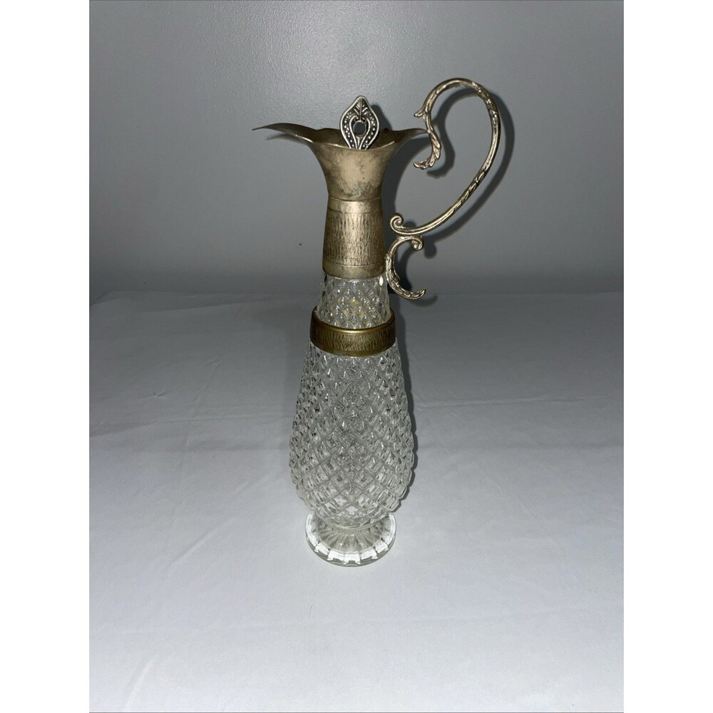 Vintage Crystal Claret Jug Decanter Diamond Cut Glass Brass Handle Ewer Pitcher
